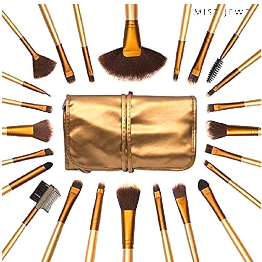 Kit de brochas de maquillaje profesional de 24 piezas set | Base Makeup Professional, pinceles de madera, suaves brocha belleza mujer (Dorado)