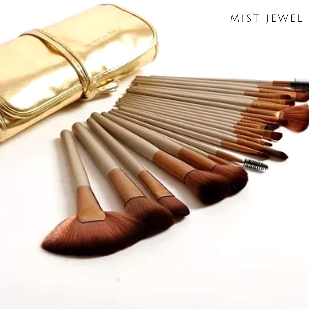 Kit de brochas de maquillaje profesional de 24 piezas set | Base Makeup Professional, pinceles de madera, suaves brocha belleza mujer (Dorado)